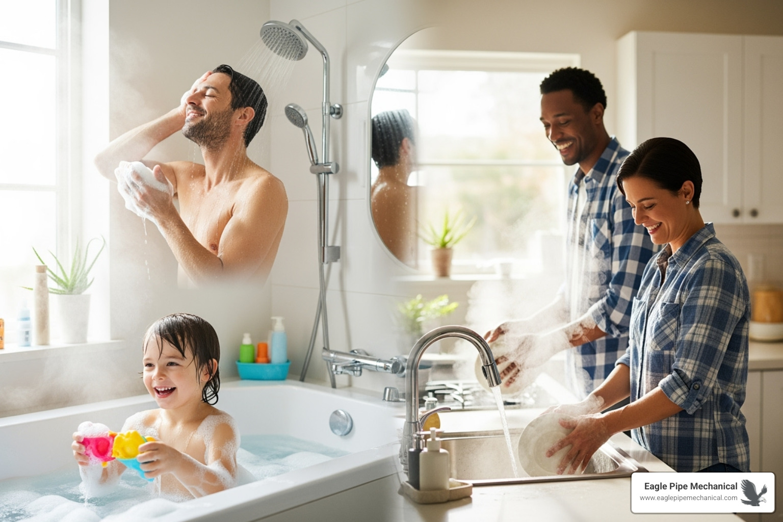 A family happily enjoying hot water for various tasks simultaneously, such as a child in a bath, someone showering, and a parent doing dishes, illustrating the concept of endless hot water. - tankless water heater hansville A family happily enjoying hot water for various tasks simultaneously, such as a child in a bath, someone showering, and a parent doing dishes, illustrating the concept of endless hot water. - tankless water heater hansville