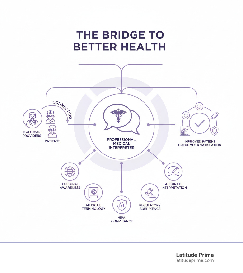 Infographic showing the role of professional medical interpreters: connecting healthcare providers and patients through accurate interpretation, cultural awareness, medical terminology expertise, HIPAA compliance, and regulatory adherence, resulting in improved patient outcomes and satisfaction - medical interpreter agencies near me infographic 