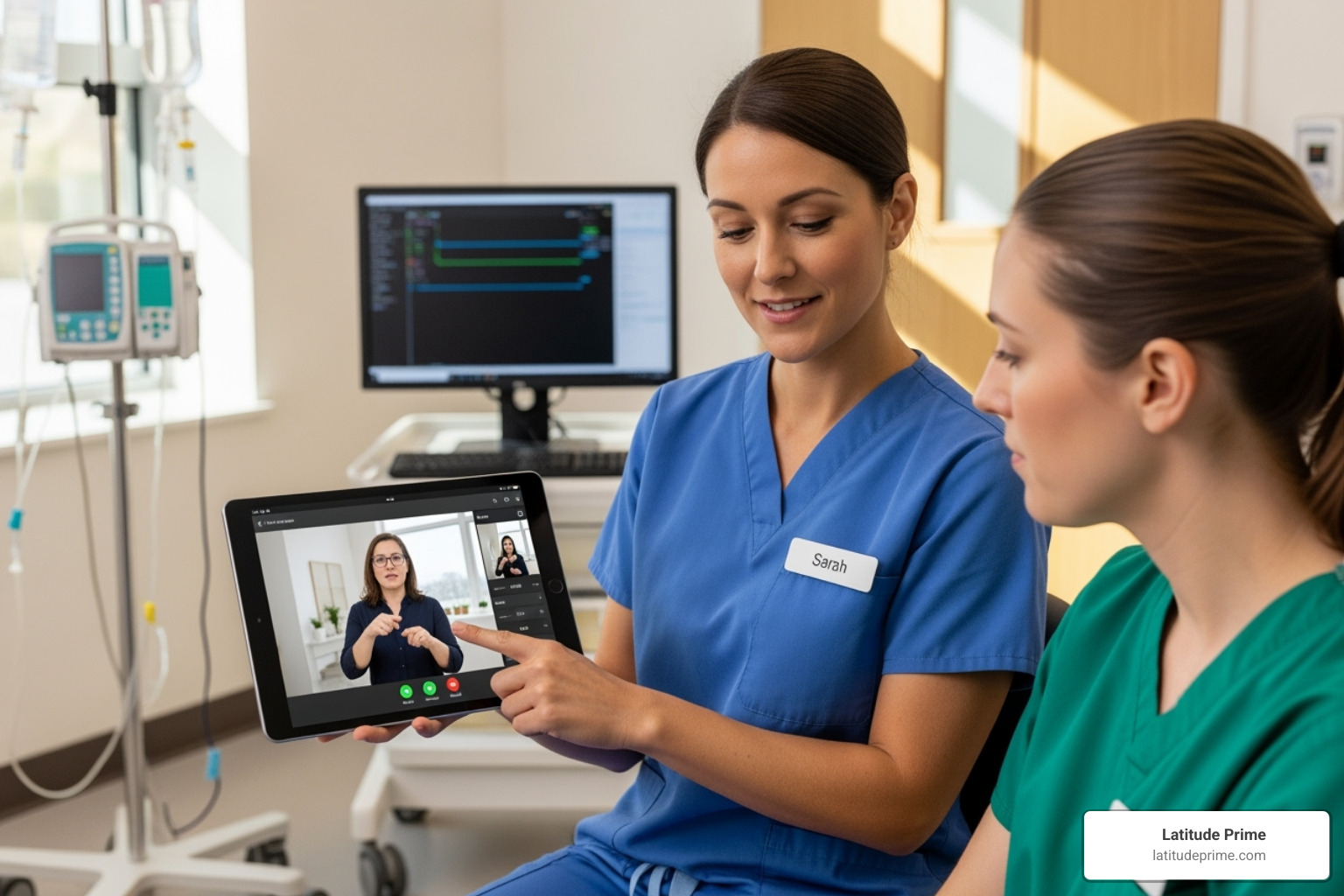 nurse training colleague on VRI tablet - video remote interpreting healthcare nurse training colleague on VRI tablet - video remote interpreting healthcare