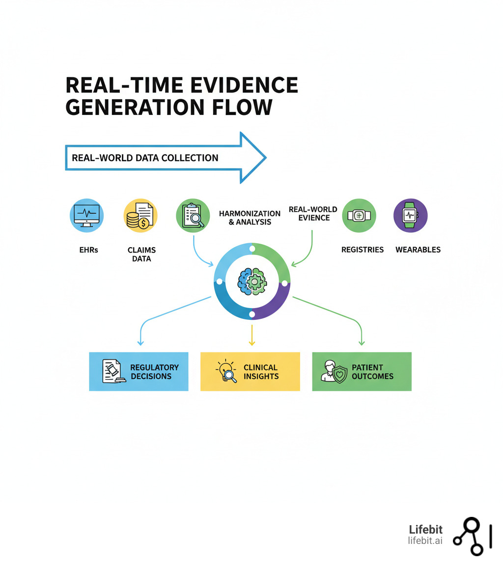 Infographic showing the flow from Real-World Data collection through harmonization and analysis to Real-World Evidence generation, with icons representing EHRs, claims data, registries, and wearables feeding into a central analytics engine, which produces outputs for regulatory decisions, clinical insights, and patient outcomes - real-time evidence generation infographic 