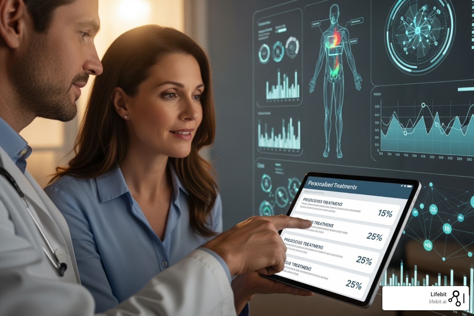 A doctor and patient viewing personalized treatment options on a tablet, with dynamic health data visualizations in the background - real-time evidence generation