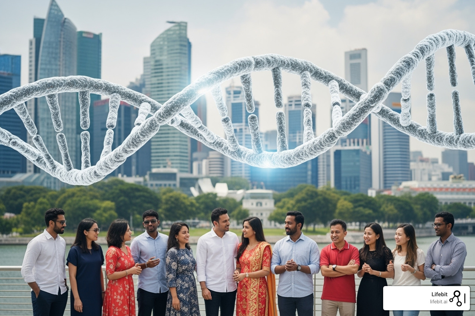 DNA helix superimposed on a diverse group of people representing Singapore's population - singapore biomedical data DNA helix superimposed on a diverse group of people representing Singapore's population - singapore biomedical data