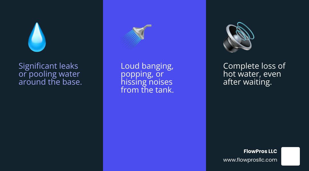 Infographic showing the top warning signs of water heater failure: water pooling at base, no hot water supply, loud banging or popping noises, rusty or discolored water, and foul odors, with simple icons for each and a note to call for emergency service immediately - 24/7 water heater installation and repair repair in bradenton, fl infographic 3_facts_emoji_blue