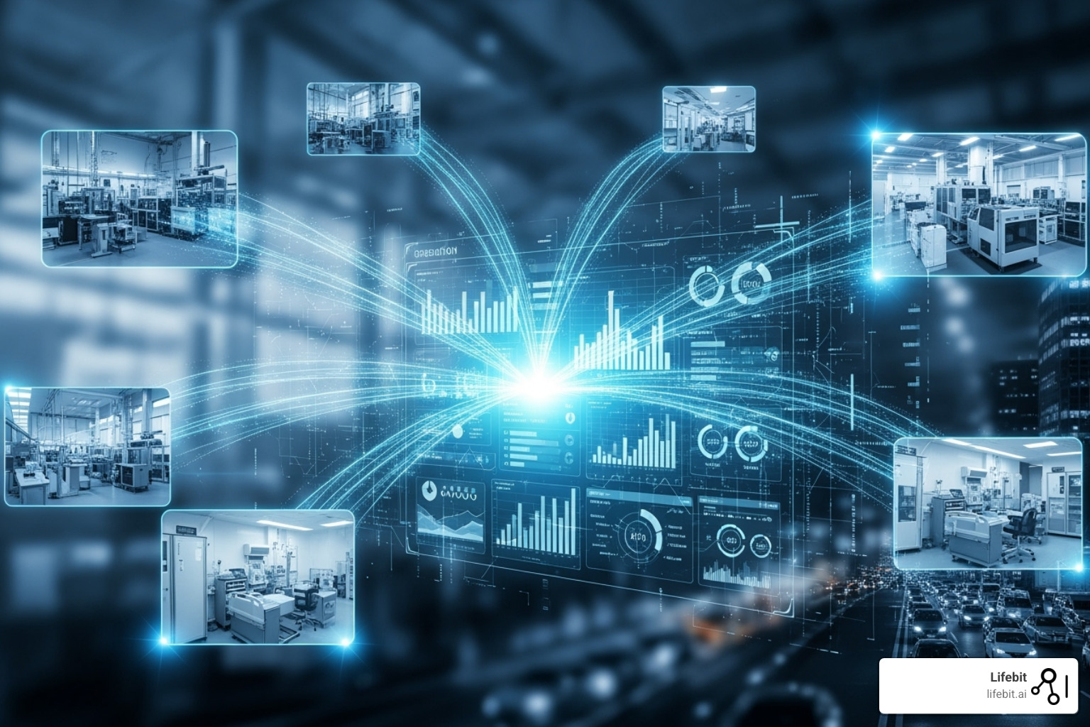 A diagram illustrating a federated data network connecting hospitals and research centers, with arrows showing secure data flow and analysis without data movement - real-time evidence generation