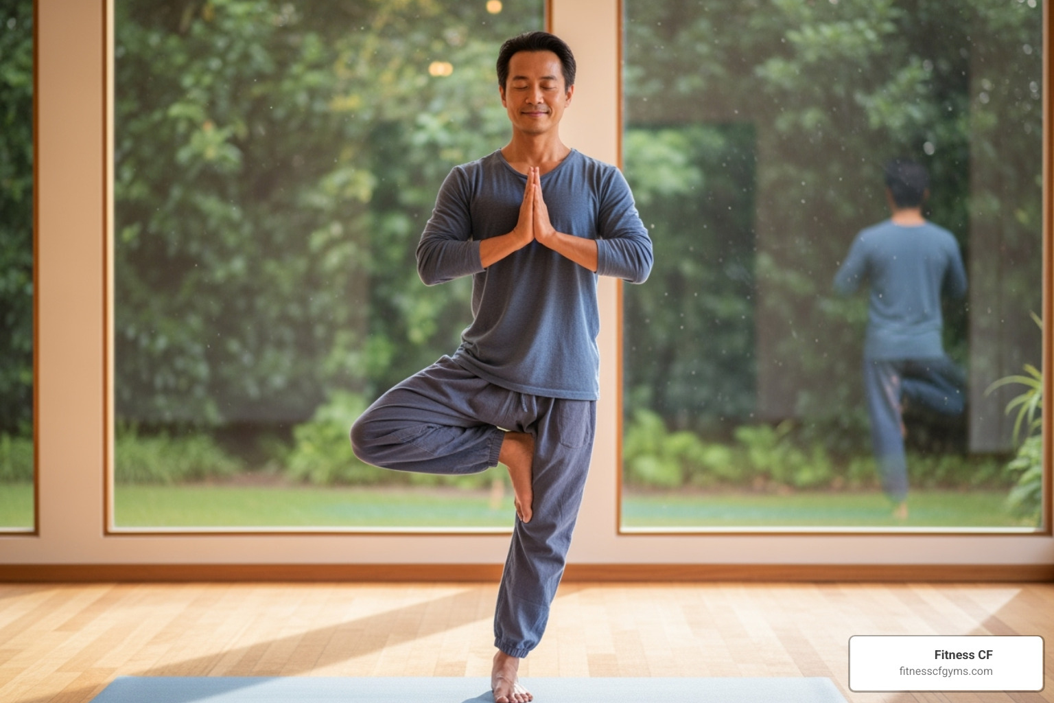 parent doing yoga with a serene expression - Gym with childcare Orlando