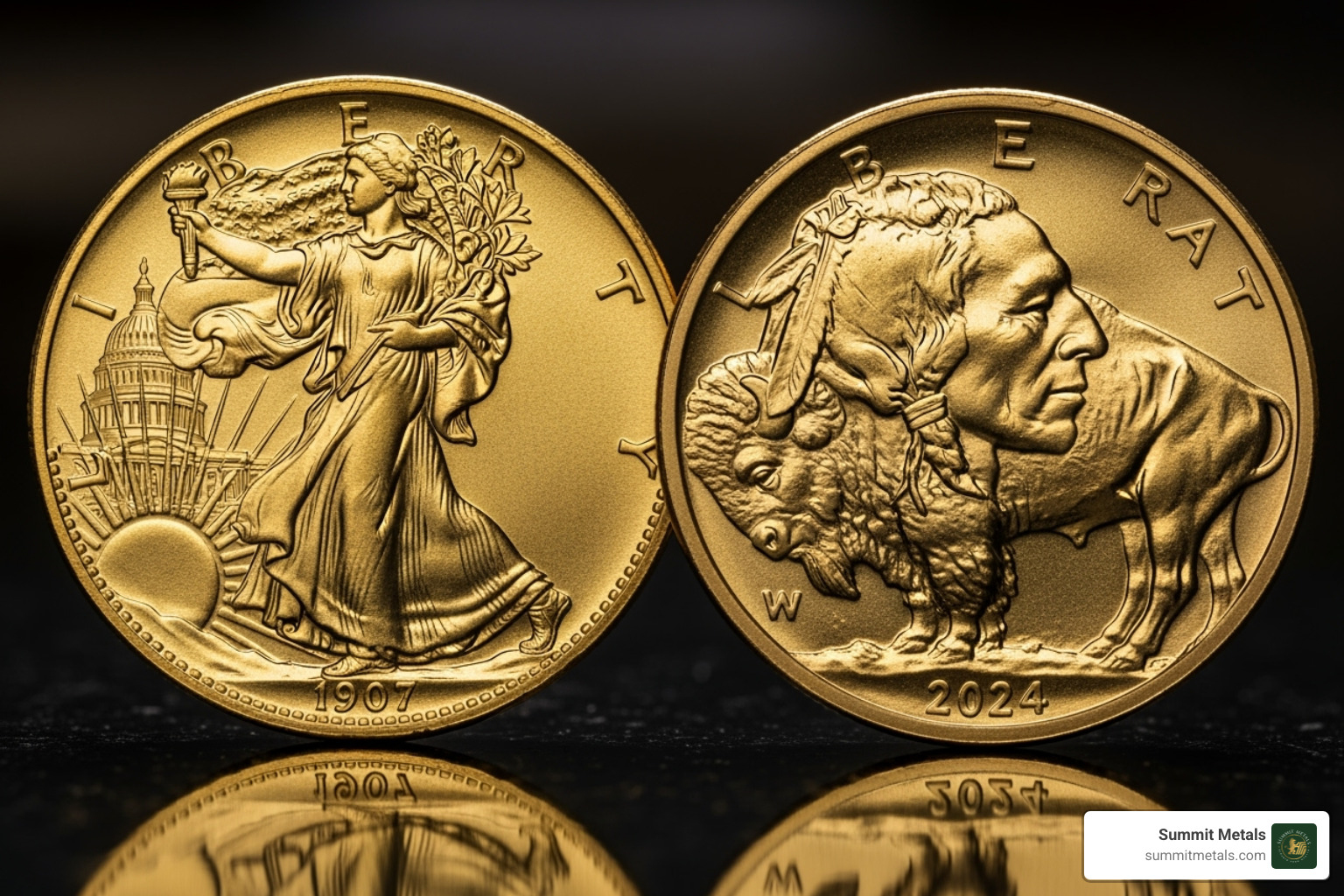 Pre-1933 Saint-Gaudens Double Eagle next to a modern Gold Buffalo coin - american gold reserve