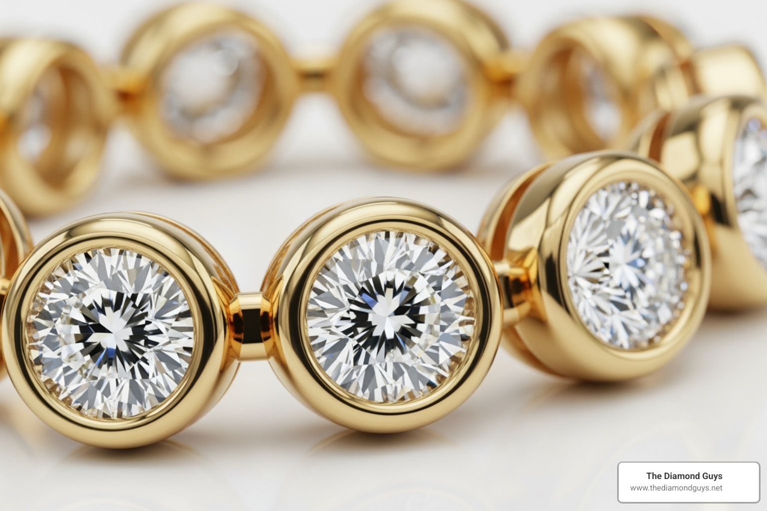 close-up shot showcasing the bezel setting on a gold chain - diamonds by the inch necklace