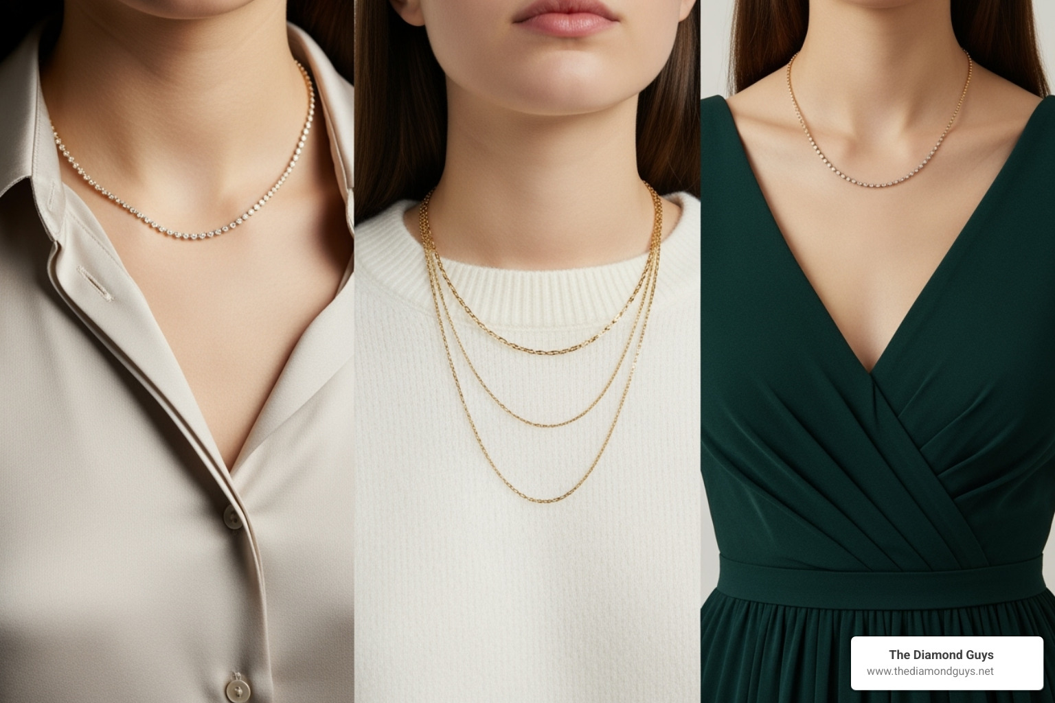three different ways to style the necklace: solo, layered with other chains, and with a formal dress - diamonds by the inch necklace