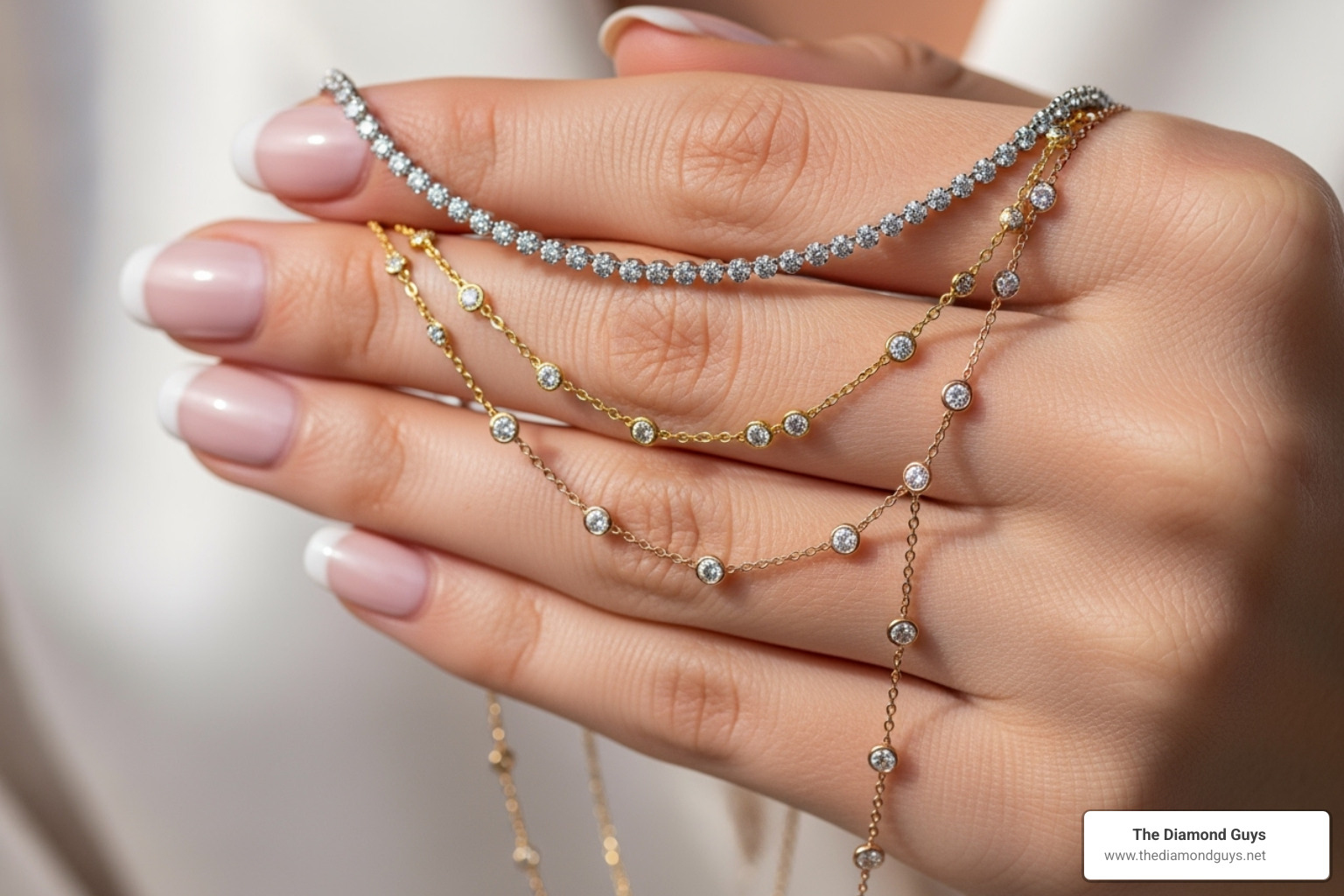 person's hand holding three different necklaces with varying numbers of diamonds - diamonds by the inch necklace
