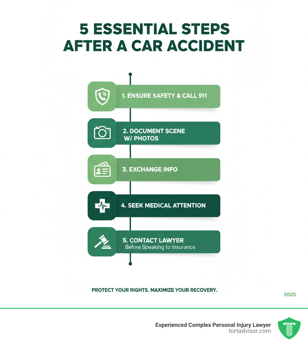 infographic showing 5 steps after car accident: ensure safety and call 911, document the scene with photos, exchange information with other driver, seek medical attention immediately, contact a car accident lawyer before speaking to insurance adjusters - car accident lawyers near me infographic  infographic showing 5 steps after car accident: ensure safety and call 911, document the scene with photos, exchange information with other driver, seek medical attention immediately, contact a car accident lawyer before speaking to insurance adjusters - car accident lawyers near me infographic