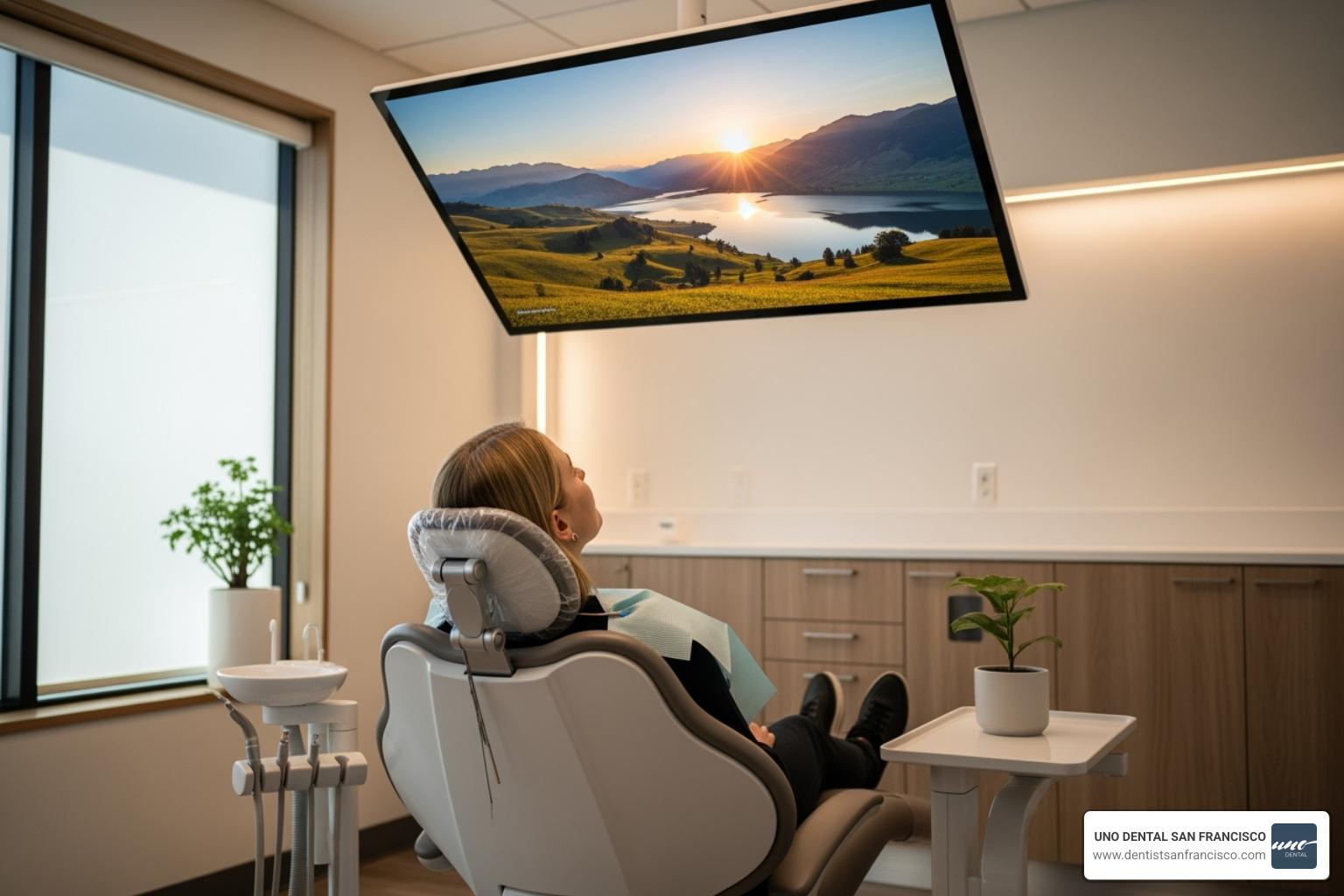 patient comfortably seated in a modern dental chair equipped with an overhead screen - SF dental office patient comfortably seated in a modern dental chair equipped with an overhead screen - SF dental office