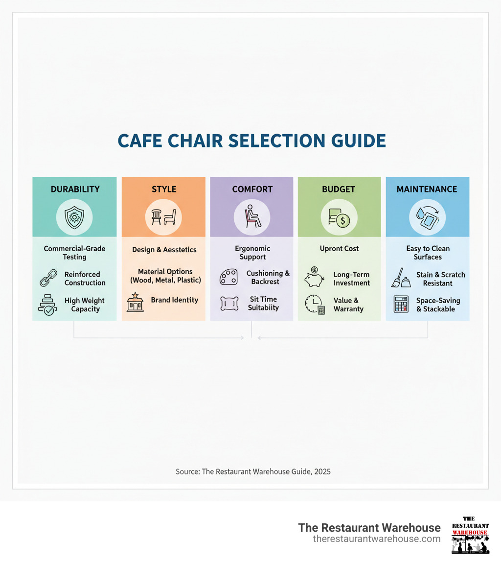 Infographic explaining the key decision factors for selecting cafe chairs: Durability, Style, Comfort, Budget, and Maintenance. Each factor includes 2-3 specific considerations with icons representing commercial-grade testing, material options, and space-saving features. - cafe chair infographic 