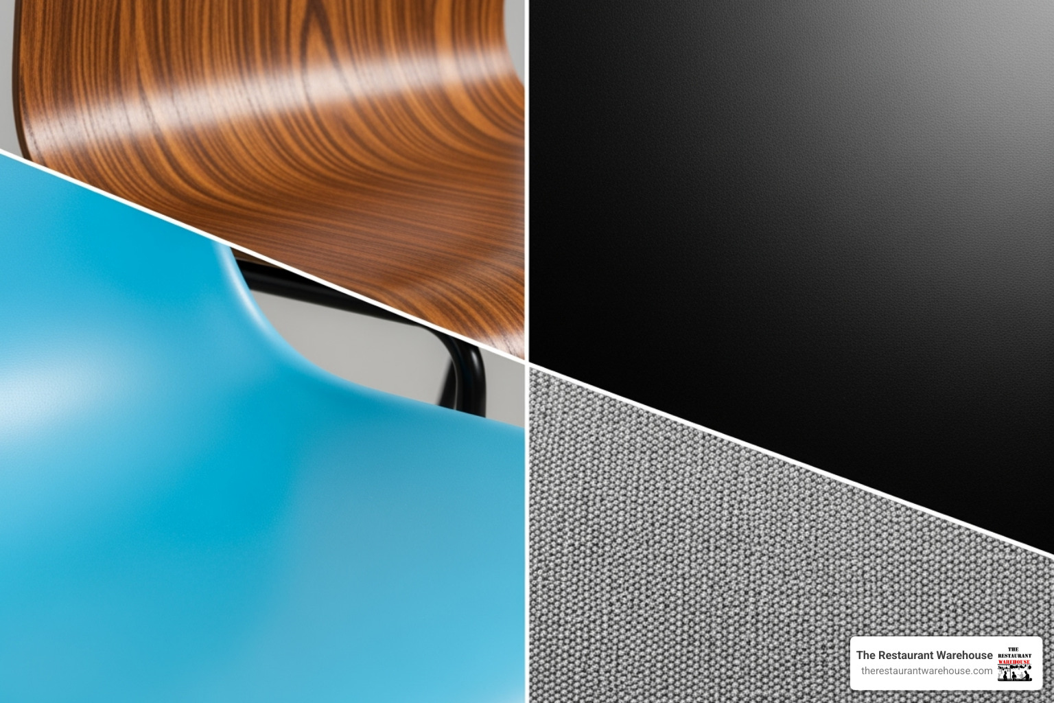 A collage showing close-up textures of different chair materials: polished wood grain, matte black metal, colorful molded plastic, and textured upholstery. - cafe chair