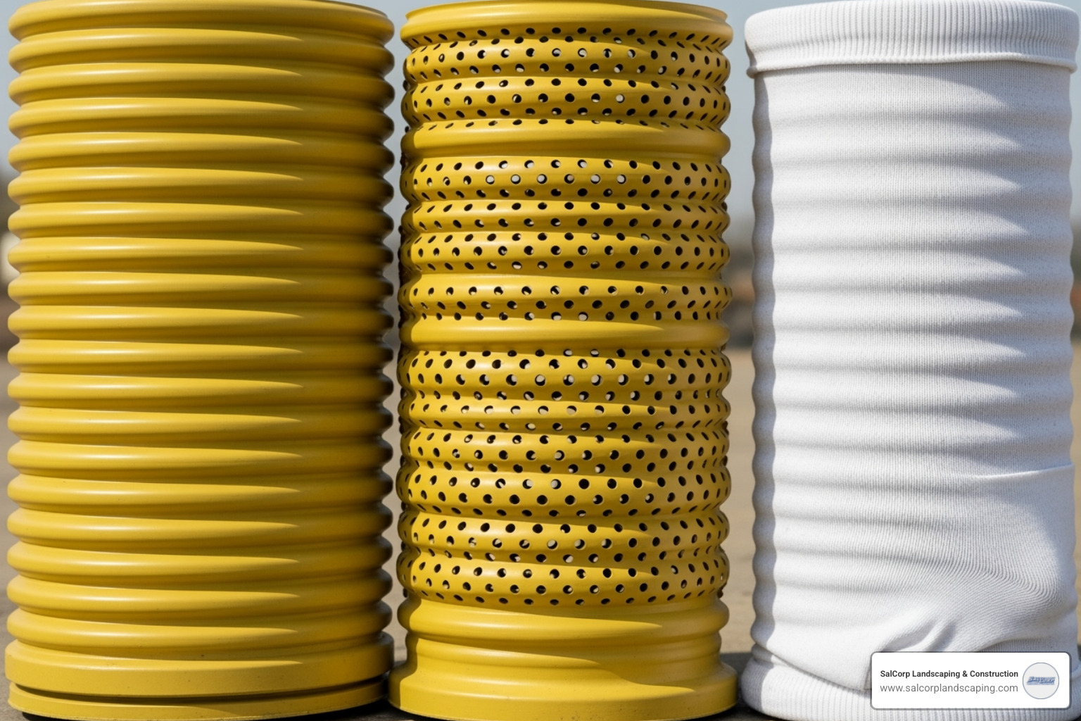 side-by-side comparison of perforated, solid, and sock-wrapped yellow corrugated pipe - yellow french drain pipe side-by-side comparison of perforated, solid, and sock-wrapped yellow corrugated pipe - yellow french drain pipe