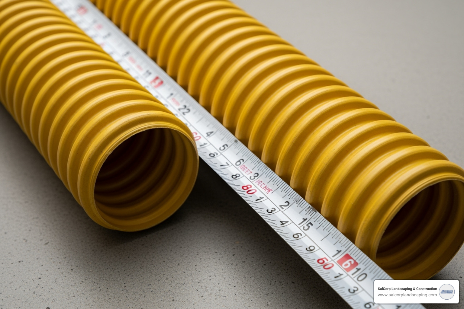 tape measure next to a 4-inch and 6-inch diameter pipe to show scale - yellow french drain pipe tape measure next to a 4-inch and 6-inch diameter pipe to show scale - yellow french drain pipe