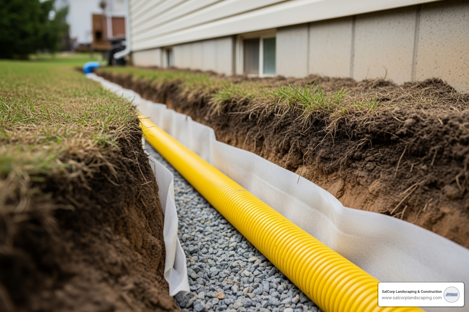 properly installed French drain protecting a home's foundation - yellow french drain pipe properly installed French drain protecting a home's foundation - yellow french drain pipe