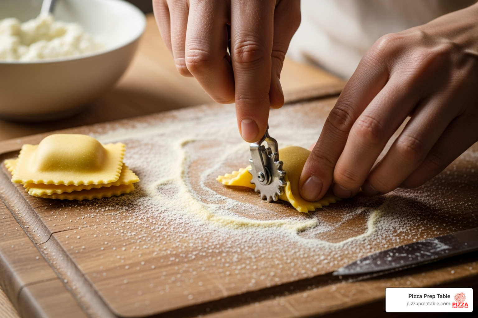 user sealing ravioli squares with a fluted wheel - Pastry cutting wheel