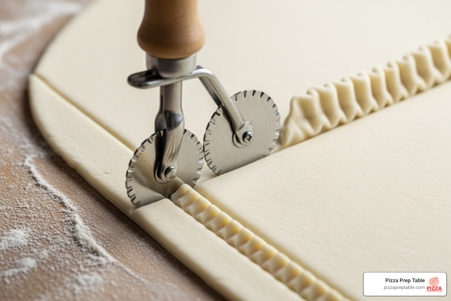 double-sided pastry wheel cutting both a straight and a fluted line on a sheet of dough - Pastry cutting wheel