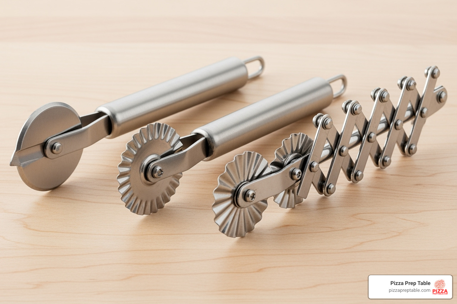 three different pastry wheels side-by-side: a single plain wheel, a single fluted wheel, and an expandable multi-wheel cutter - Pastry cutting wheel