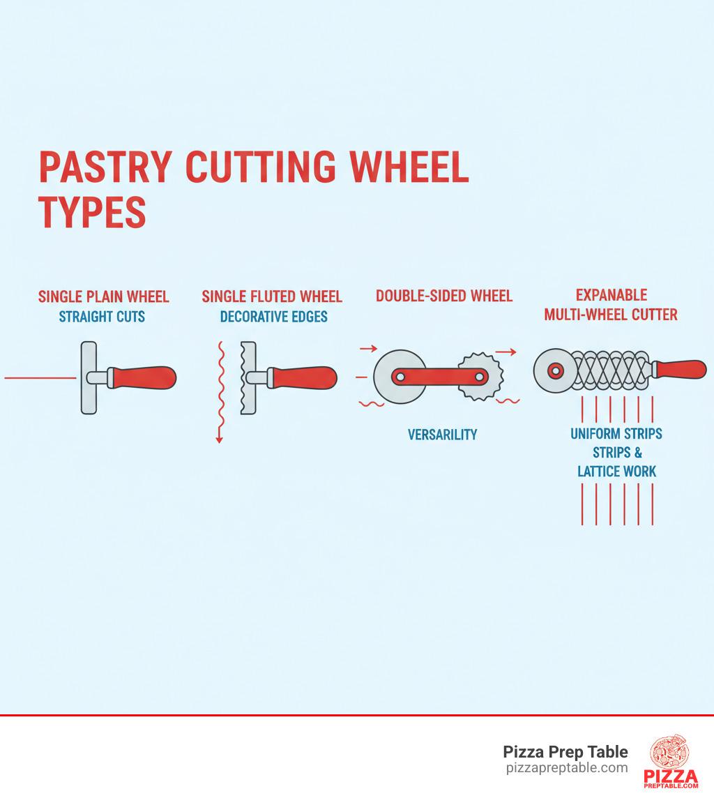infographic showing pastry cutting wheel types: single plain wheel for straight cuts, single fluted wheel for decorative edges, double-sided wheel for versatility, and expandable multi-wheel cutter for uniform strips and lattice work - Pastry cutting wheel infographic 