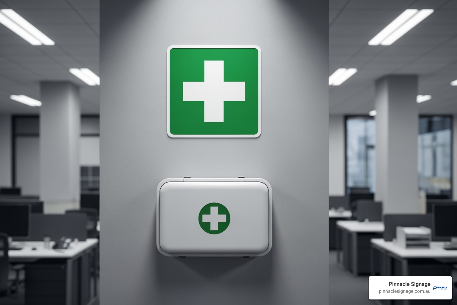 image demonstrating the correct placement of a first aid sign above a kit in a clearly visible, unobstructed location - first aid safety sign image demonstrating the correct placement of a first aid sign above a kit in a clearly visible, unobstructed location - first aid safety sign