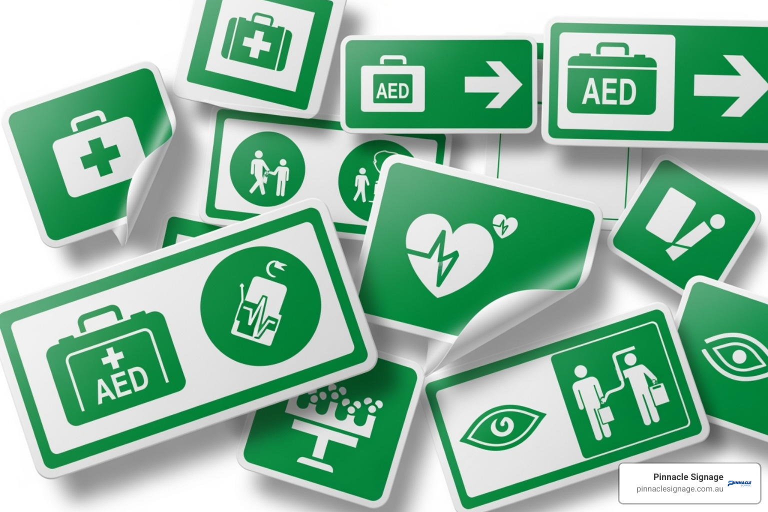collage of different first aid signs, including those for kits, AEDs, eyewash stations, and directional arrows - first aid safety sign collage of different first aid signs, including those for kits, AEDs, eyewash stations, and directional arrows - first aid safety sign