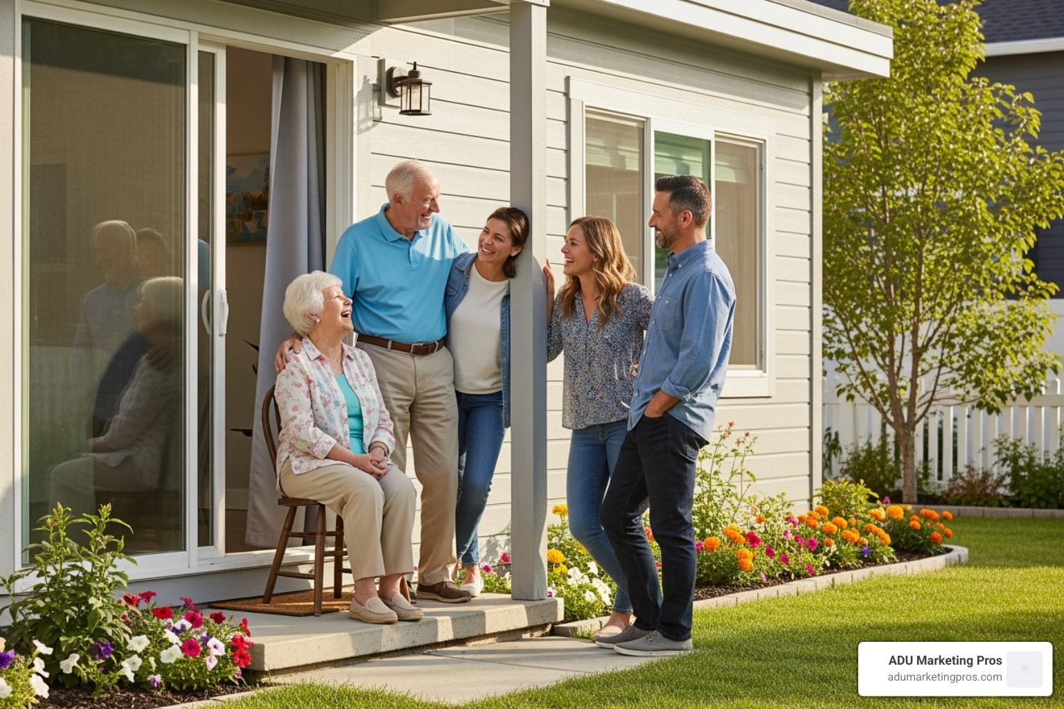 happy family with elderly parents outside a relocatable granny flat - relocatable granny flats happy family with elderly parents outside a relocatable granny flat - relocatable granny flats
