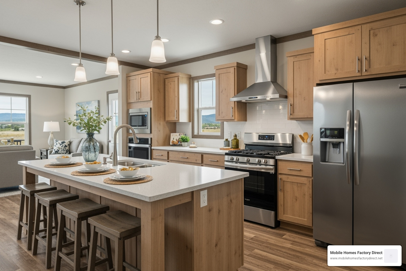 A modern manufactured home kitchen with an island - 2 bedroom single wide mobile homes