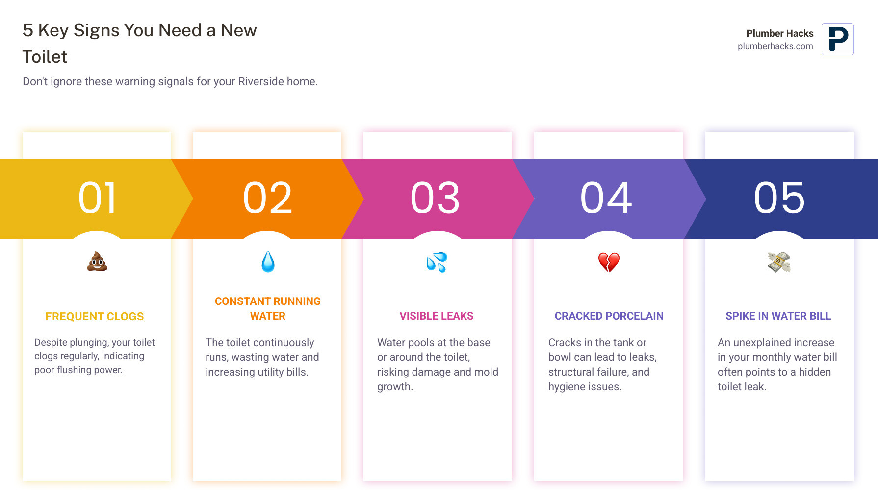 Infographic showing the 5 key signs you need a new toilet: frequent clogs despite plunging, constant running water between flushes, visible leaks pooling at the base, cracks in the porcelain tank or bowl, and a sudden unexplained spike in your monthly water bill - Toilet installation Riverside infographic pillar-5-steps