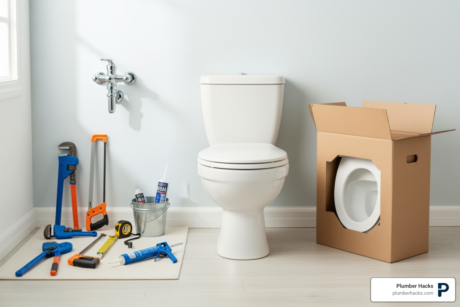 cleared bathroom space with tools and a new toilet box, ready for installation - Toilet installation Riverside