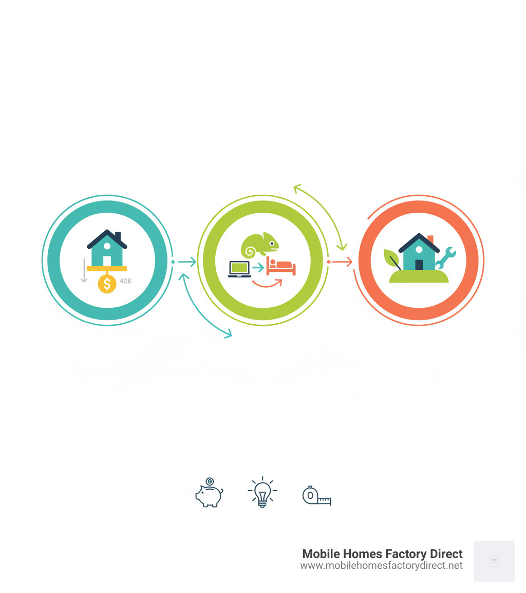 Infographic showing the key advantages of 2 bedroom single wide mobile homes: cost-effectiveness with prices starting under $40,000, versatility with flexible second bedroom usage options including home office and guest room, and smaller footprint requiring less land space and lower maintenance costs - 2 bedroom single wide mobile homes infographic 