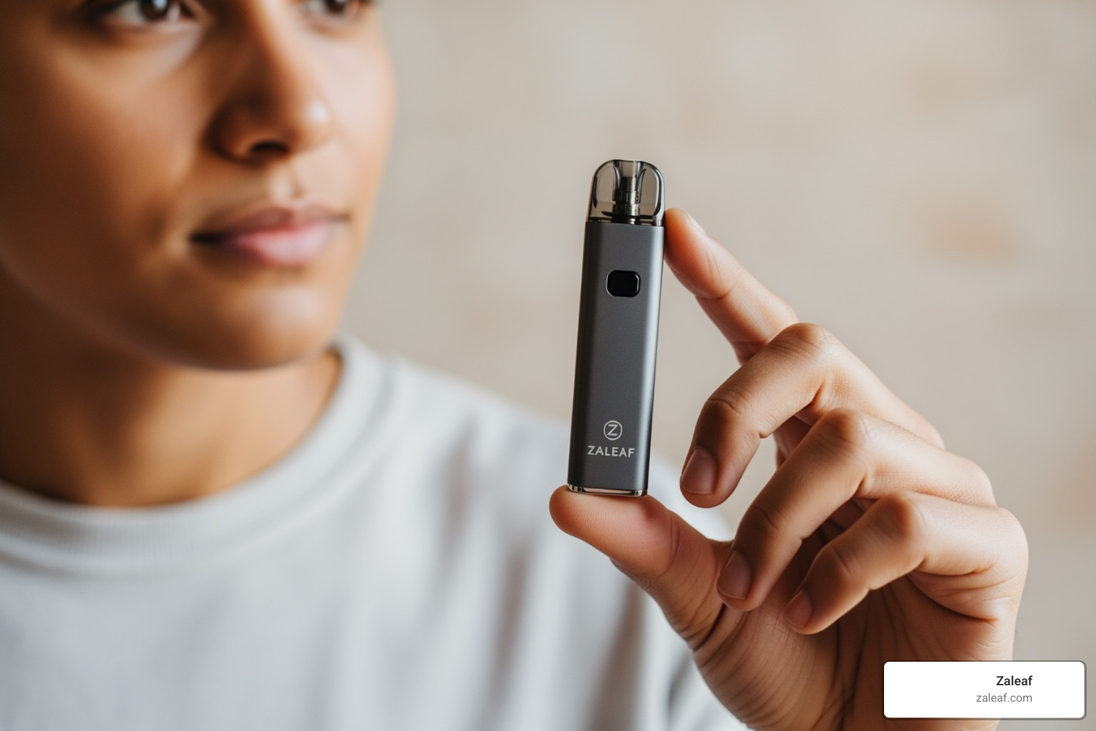 person thoughtfully looking at a Zaleaf CBD vape pen - buy CBD vape