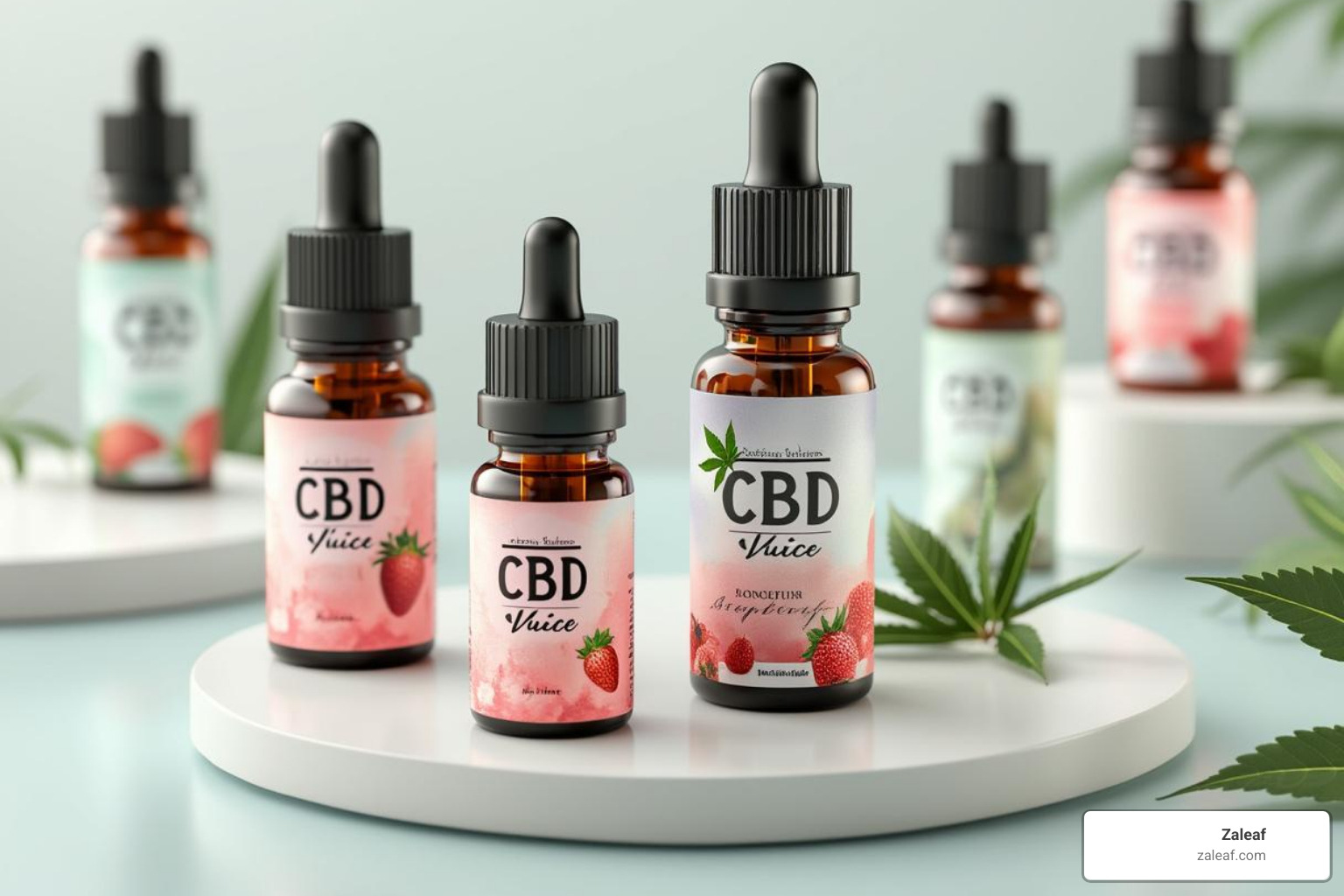 Zaleaf CBD vape juice bottles with various flavor labels like mint and strawberry - buy CBD vape
