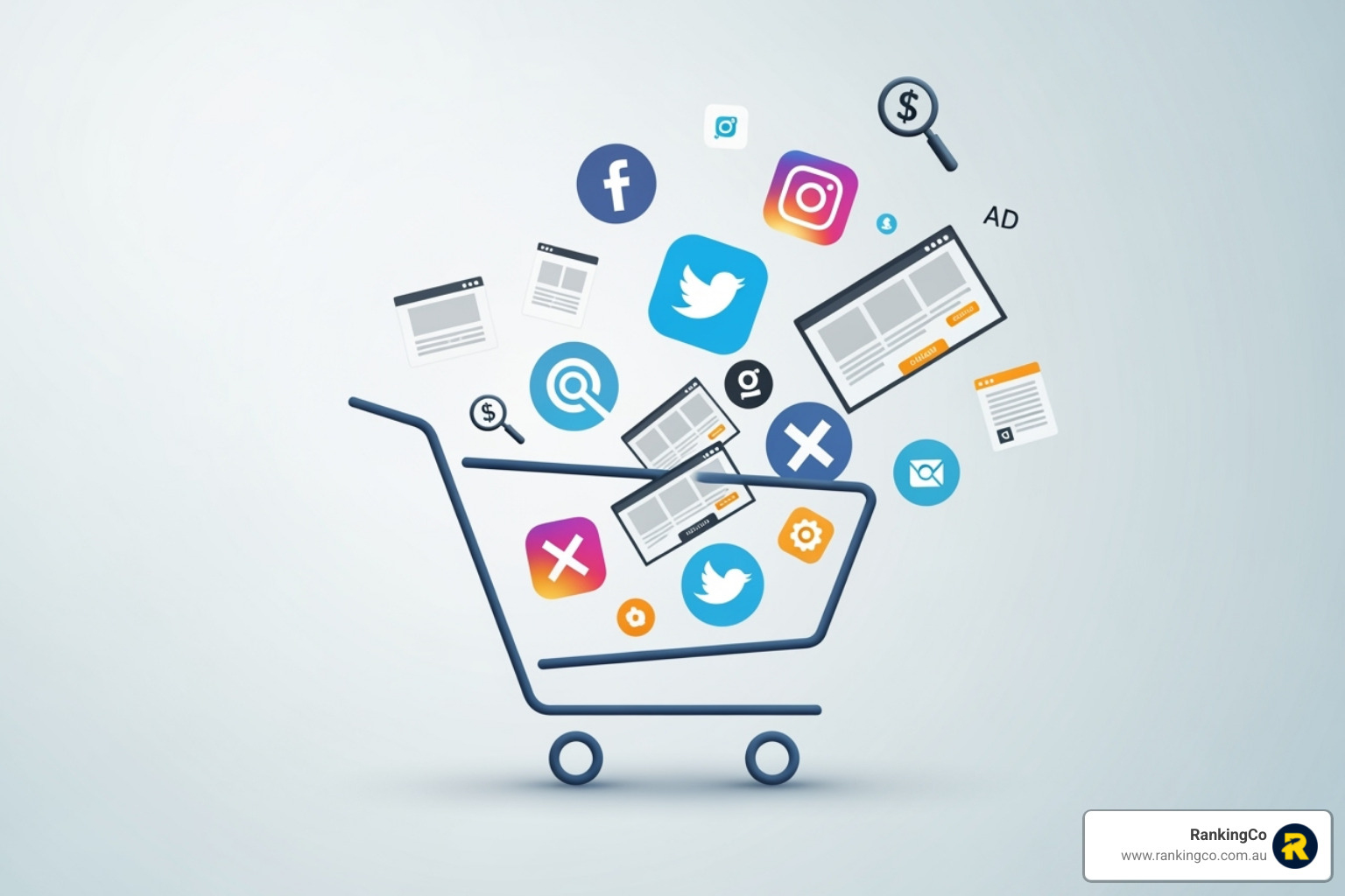 Conceptual image of a shopping cart surrounded by floating ad icons, representing various retargeting campaign types - Retargeting ads