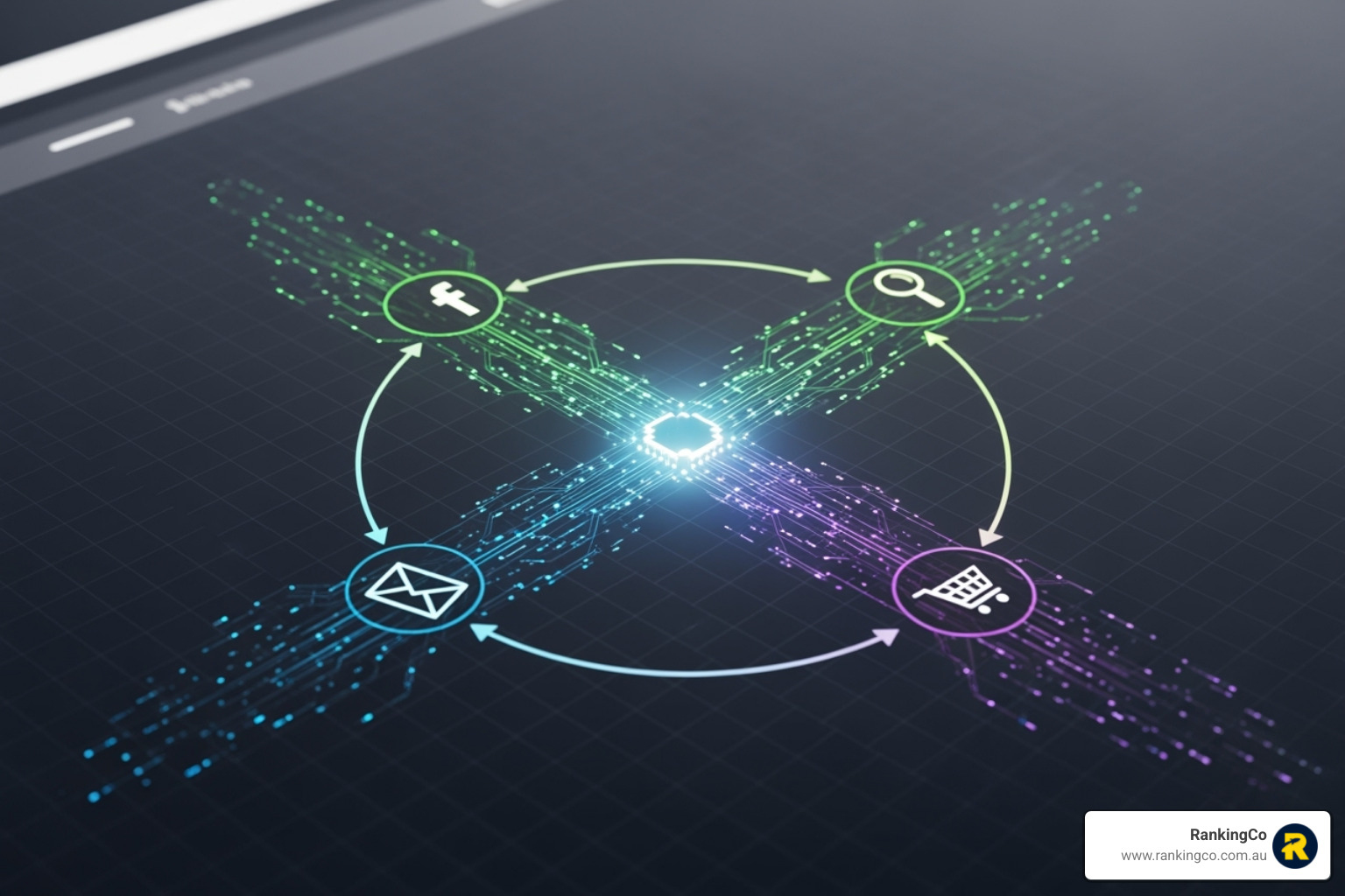 Abstract illustration of a retargeting pixel, showing data flowing from a website to various ad platforms - Retargeting ads
