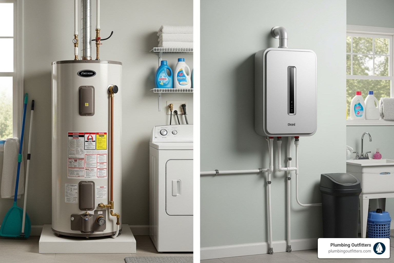 Side-by-side comparison of a traditional tank water heater and a compact, wall-mounted tankless unit - water heater replacement leander Side-by-side comparison of a traditional tank water heater and a compact, wall-mounted tankless unit - water heater replacement leander