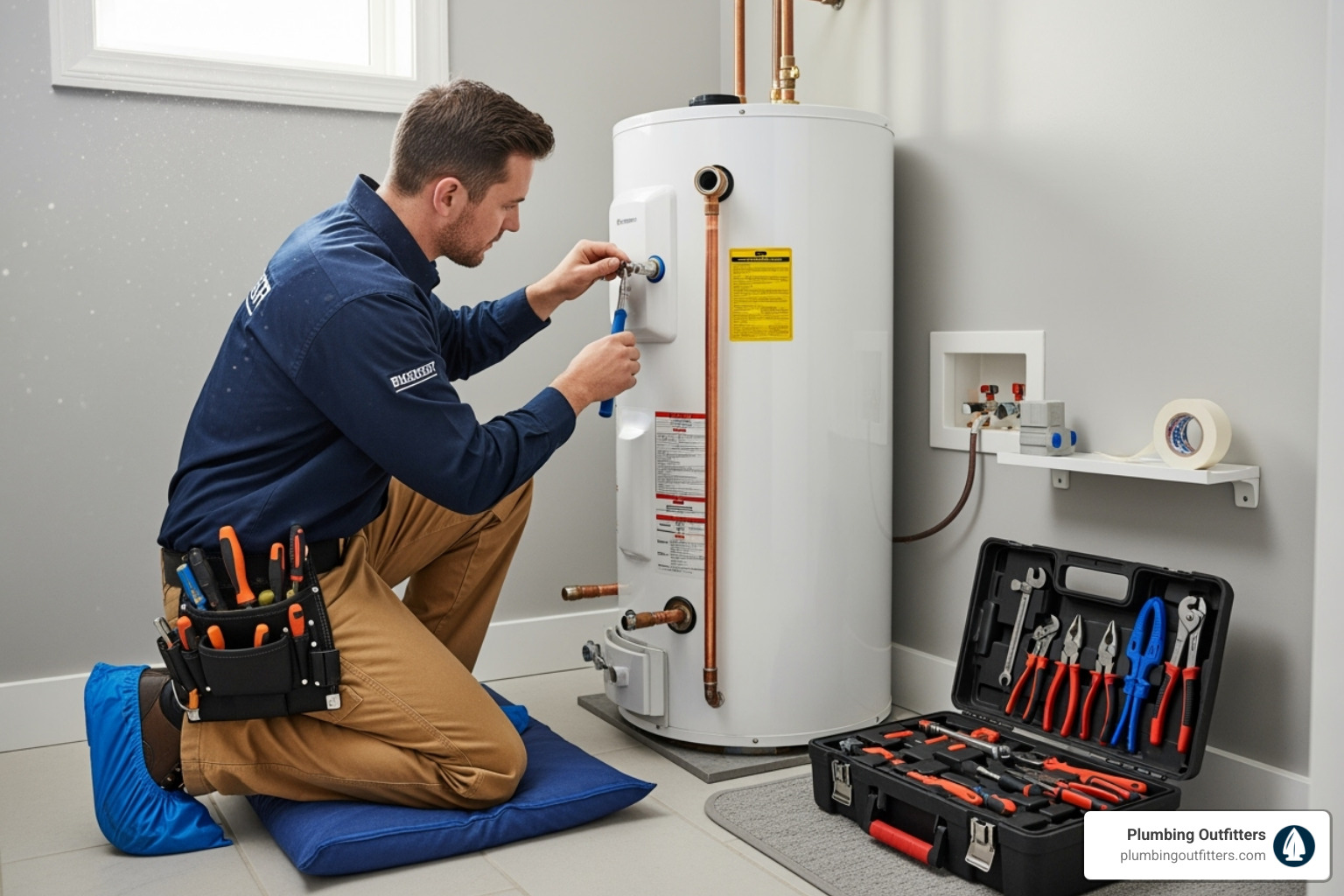 Professional plumber neatly installing a new water heater, showing respect for the home - water heater replacement leander Professional plumber neatly installing a new water heater, showing respect for the home - water heater replacement leander
