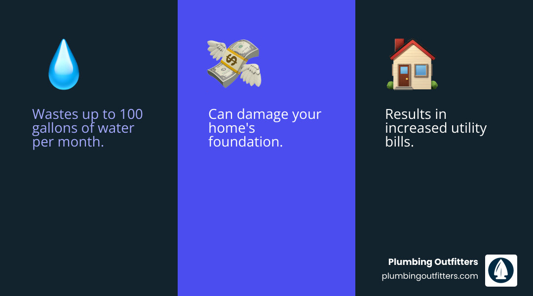 Infographic showing a dripping outdoor faucet with a gauge indicating 100 gallons of water wasted per month, plus icons representing increased water bills, foundation damage risk, and simple repair tools like wrenches and replacement washers - outdoor faucet repair infographic 3_facts_emoji_blue Water droplet symbol indicating water waste, money with wings symbolizing potential home damage, and house icon representing increased utility bills, emphasizing the importance of timely outdoor faucet repairs by Plumbing Outfitters.