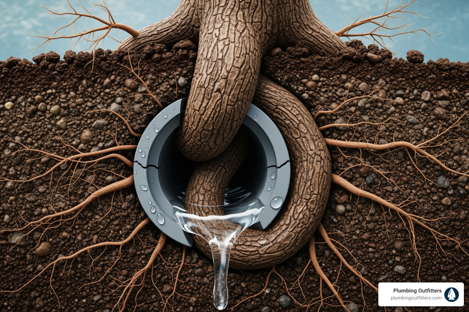 tree root damaging an underground pipe - Wet spot in yard Tree roots invading a cracked sewer pipe, with water leaking out, illustrating common causes of underground pipe leaks related to plumbing issues.