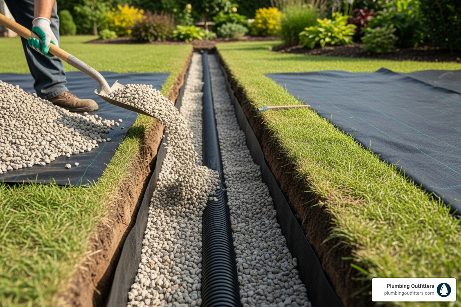 French drain installation - Wet spot in yard Worker installing a French drain system, pouring gravel into a trench with a perforated pipe, surrounded by green grass and landscaping.