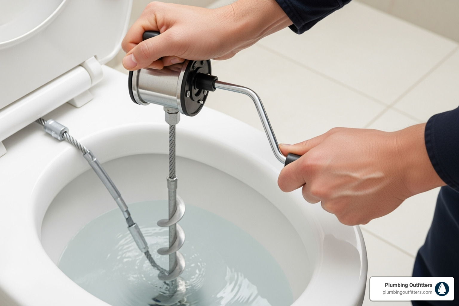 image of a toilet auger being used correctly, with the auger cable inserted into the toilet drain and a hand cranking the handle - clogged toilet repair Hand using a toilet auger to clear a clog in a toilet bowl, featuring a metal cable and protective sleeve, demonstrating DIY plumbing techniques for homeowners.
