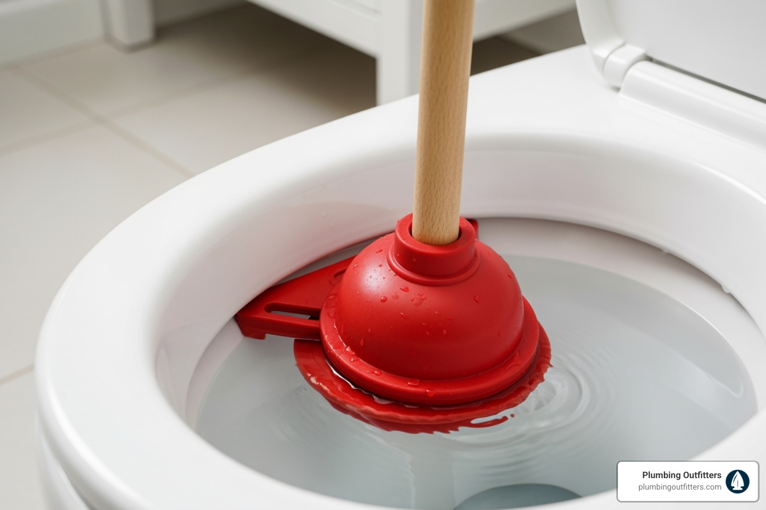image demonstrating the correct angle and seal for plunging a toilet, with the flanged plunger fully submerged and angled for optimal suction - clogged toilet repair Red plunger submerged in toilet bowl water, demonstrating effective unclogging technique for homeowners.