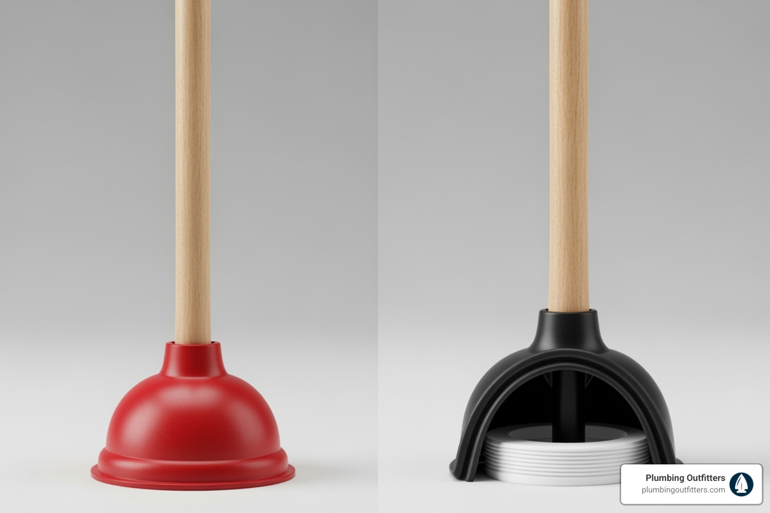 image comparing a standard sink plunger and a flanged toilet plunger, highlighting the flange on the toilet plunger - clogged toilet repair Red and black toilet plungers with wooden handles, showcasing flanged design for effective unclogging, branded with Plumbing Outfitters logo.