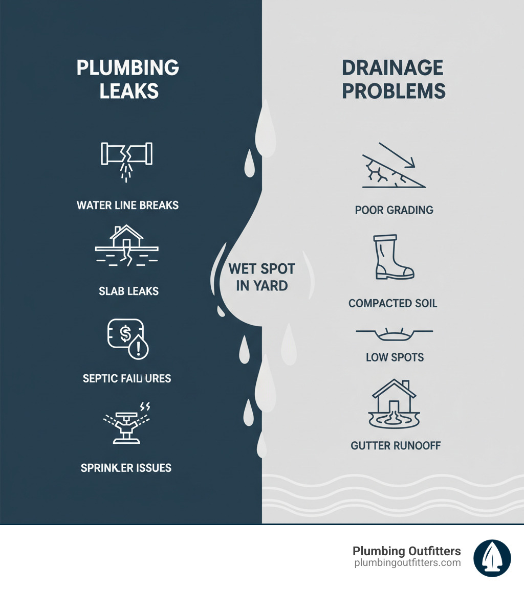 infographic showing two main causes of yard wet spots: plumbing leaks with icons for water line breaks, slab leaks, septic failures, and sprinkler issues on the left; drainage problems with icons for poor grading, compacted soil, low spots, and gutter runoff on the right - Wet spot in yard infographic Infographic illustrating causes of wet spots in yards, featuring plumbing leaks like water line breaks and slab leaks on the left, and drainage problems such as poor grading and compacted soil on the right, with a central focus on "Wet Spot in Yard" and branding for Plumbing Outfitters.