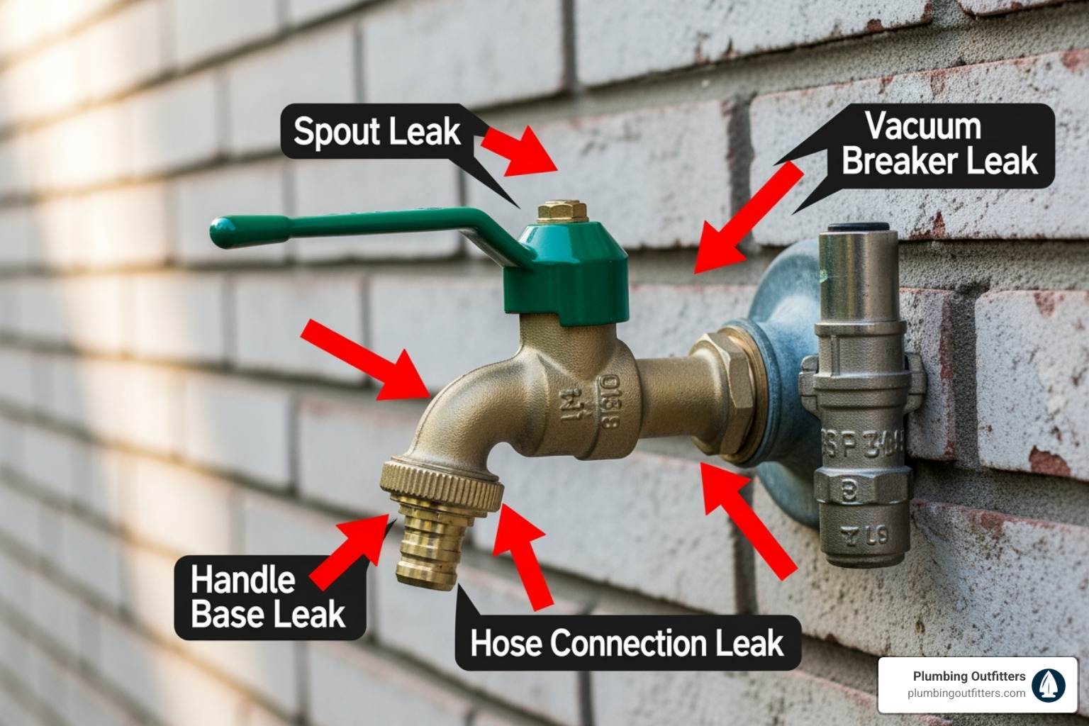 arrows pointing to common leak spots on a faucet - outdoor faucet repair Outdoor faucet with labeled leak points: spout leak, handle base leak, vacuum breaker leak, and hose connection leak, against a brick wall background, emphasizing outdoor faucet repair.