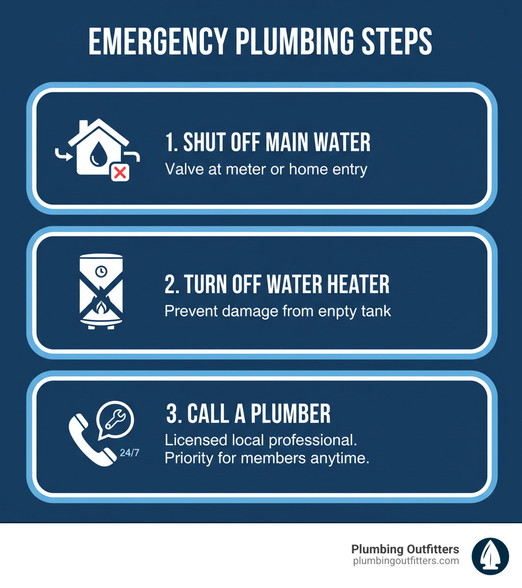 infographic showing three emergency steps: 1. Shut off main water valve at meter or home entry point, 2. Turn off water heater to prevent damage from empty tank, 3. Call a licensed local plumber immediately during business hours or use member priority line anytime - 24 hours plumber near me infographic infographic showing three emergency steps: 1. Shut off main water valve at meter or home entry point, 2. Turn off water heater to prevent damage from empty tank, 3. Call a licensed local plumber immediately during business hours or use member priority line anytime - 24 hours plumber near me infographic