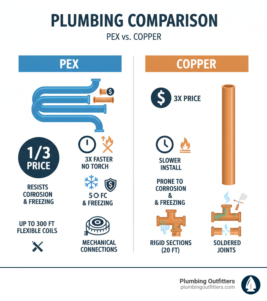 Infographic showing PEX vs Copper comparison: PEX costs 1/3 the price of copper, installs 3x faster with no torch required, resists corrosion and freezing better, comes in flexible coils up to 300 feet, and uses simple mechanical connections versus soldered joints - PEX piping installation infographic Infographic showing PEX vs Copper comparison: PEX costs 1/3 the price of copper, installs 3x faster with no torch required, resists corrosion and freezing better, comes in flexible coils up to 300 feet, and uses simple mechanical connections versus soldered joints - PEX piping installation infographic