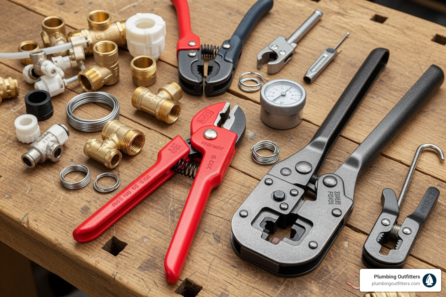 Essential PEX tools laid out on a workbench: PEX cutter, crimp tool, cinch tool, expansion tool, go/no-go gauge, crimp ring removal tool, and various PEX fittings - PEX piping installation Essential PEX tools laid out on a workbench: PEX cutter, crimp tool, cinch tool, expansion tool, go/no-go gauge, crimp ring removal tool, and various PEX fittings - PEX piping installation