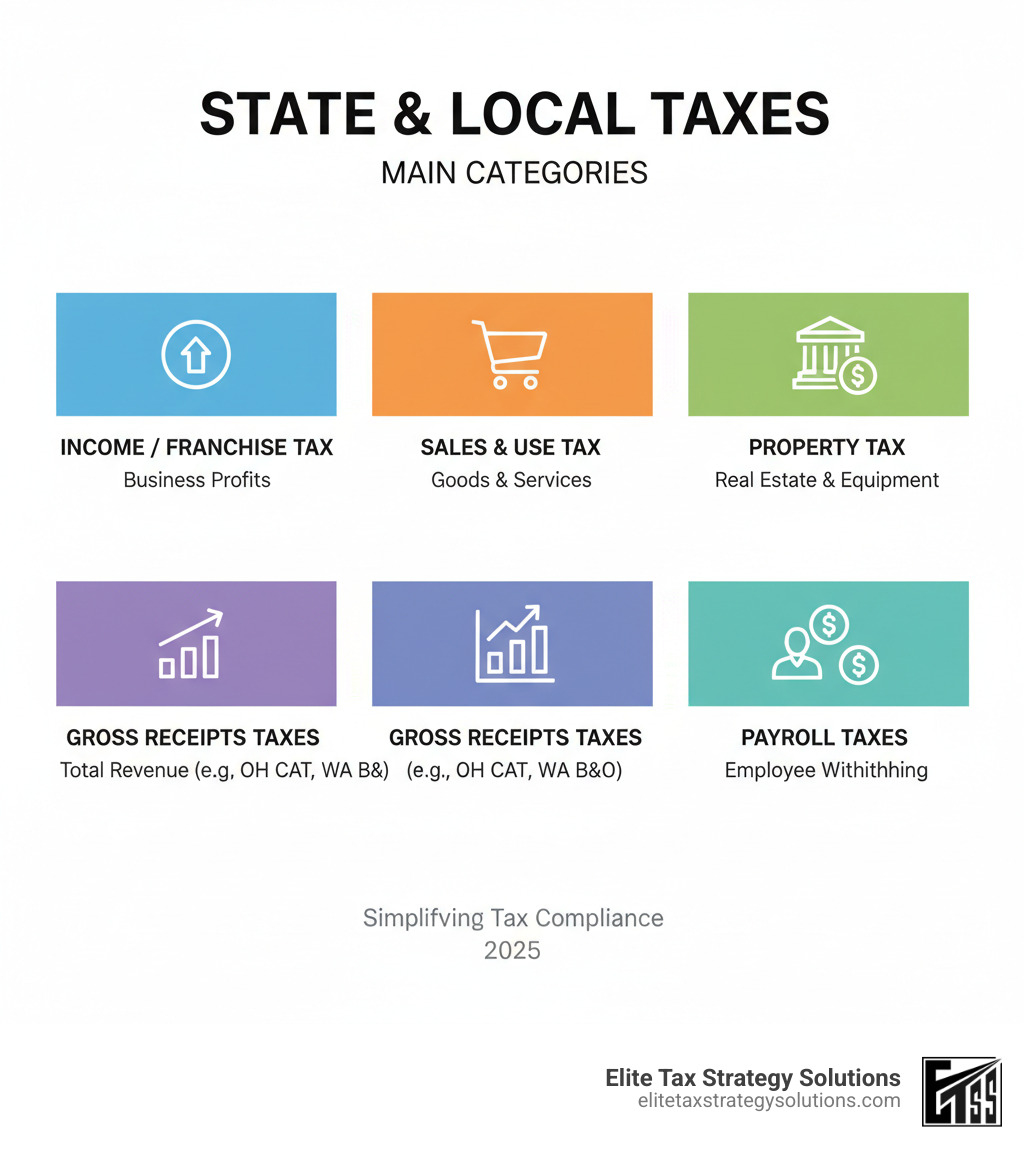 Infographic showing the main categories of State and Local Taxes: Income/Franchise Tax (how business profits are taxed by state), Sales and Use Tax (taxes on goods and services sold or purchased), Property Tax (taxes on business real estate and equipment), Gross Receipts Taxes (taxes based on total revenue in specific states like Ohio CAT and Washington B&O), and Payroll Taxes (withholding requirements for employees across jurisdictions) - state and local tax compliance infographic Infographic showing the main categories of State and Local Taxes: Income/Franchise Tax (how business profits are taxed by state), Sales and Use Tax (taxes on goods and services sold or purchased), Property Tax (taxes on business real estate and equipment), Gross Receipts Taxes (taxes based on total revenue in specific states like Ohio CAT and Washington B&O), and Payroll Taxes (withholding requirements for employees across jurisdictions) - state and local tax compliance infographic