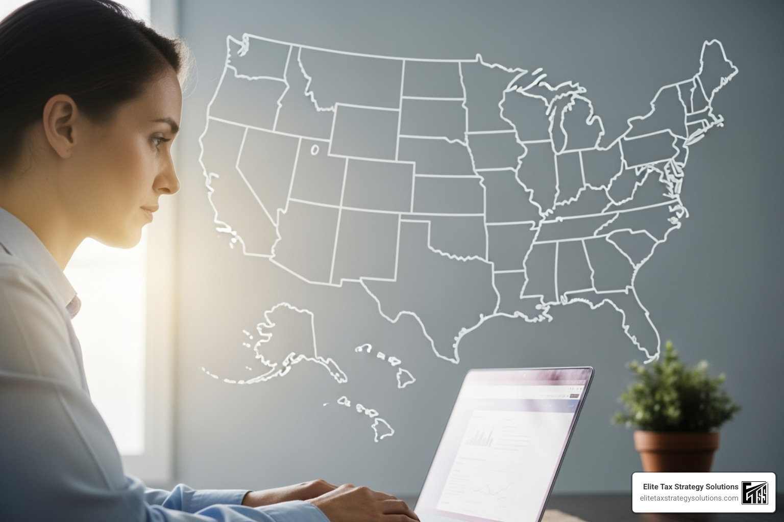 a person working remotely on a laptop with state outlines in the background - state and local tax compliance a person working remotely on a laptop with state outlines in the background - state and local tax compliance